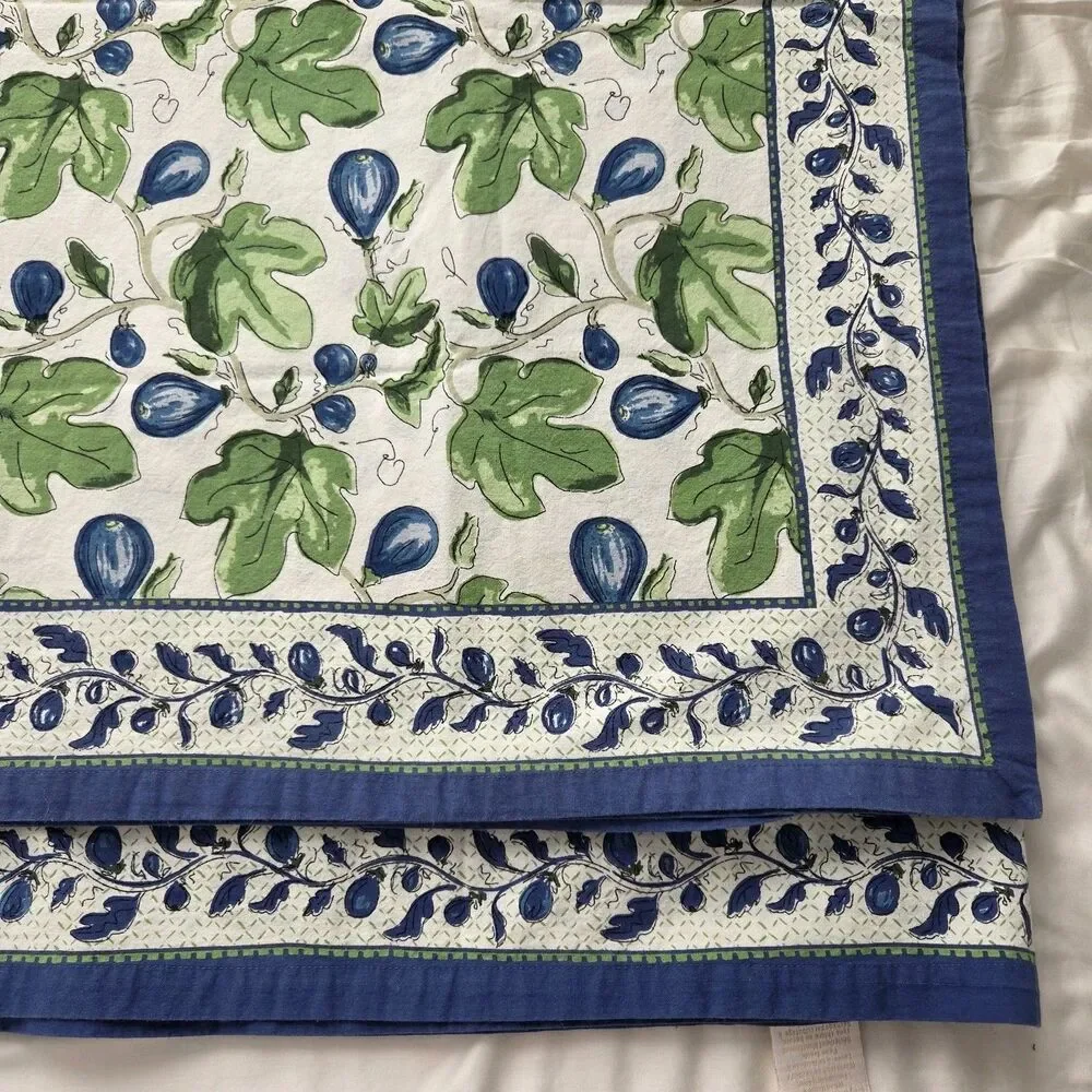 Williams Sonoma Tablecloth Figs Provence Cotton India 70x90 blue green Vintage